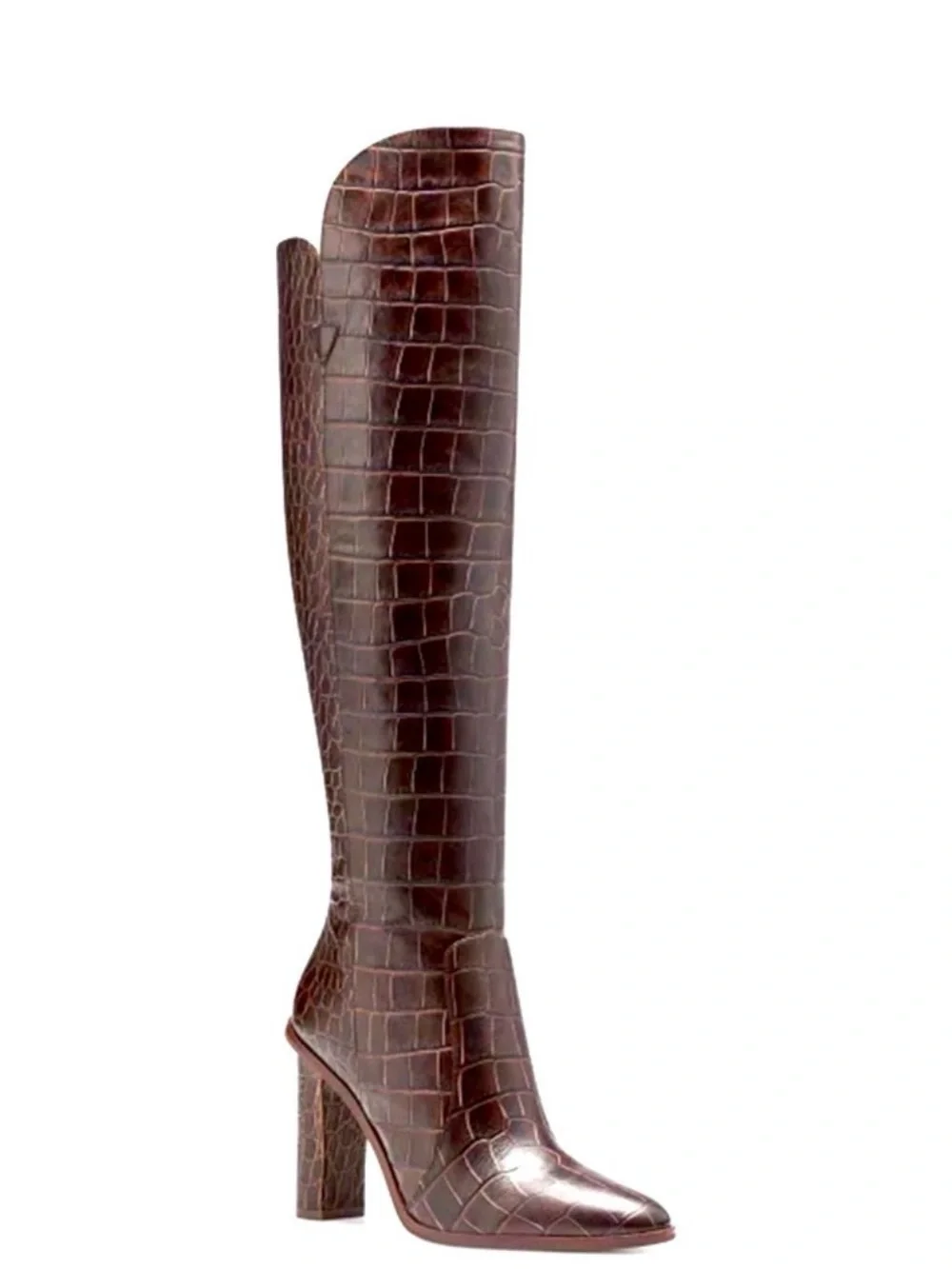 Vince Camuto Dark Brown Croc-Embossed Over-the-Knee Block Heel Boots